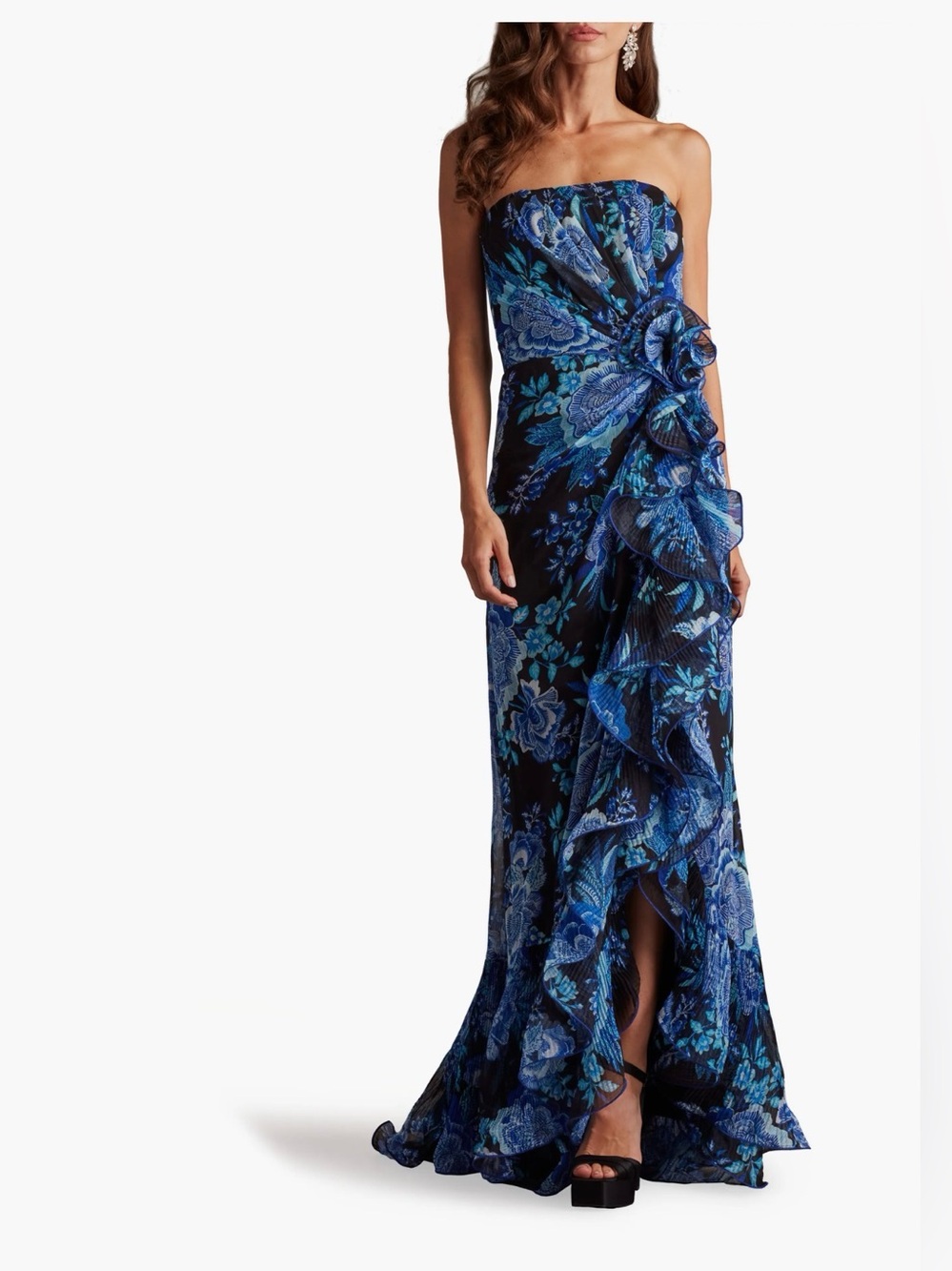 tadashi shoji Side Ruffle Strapless Black Blue Floral Gown Size:10 $618